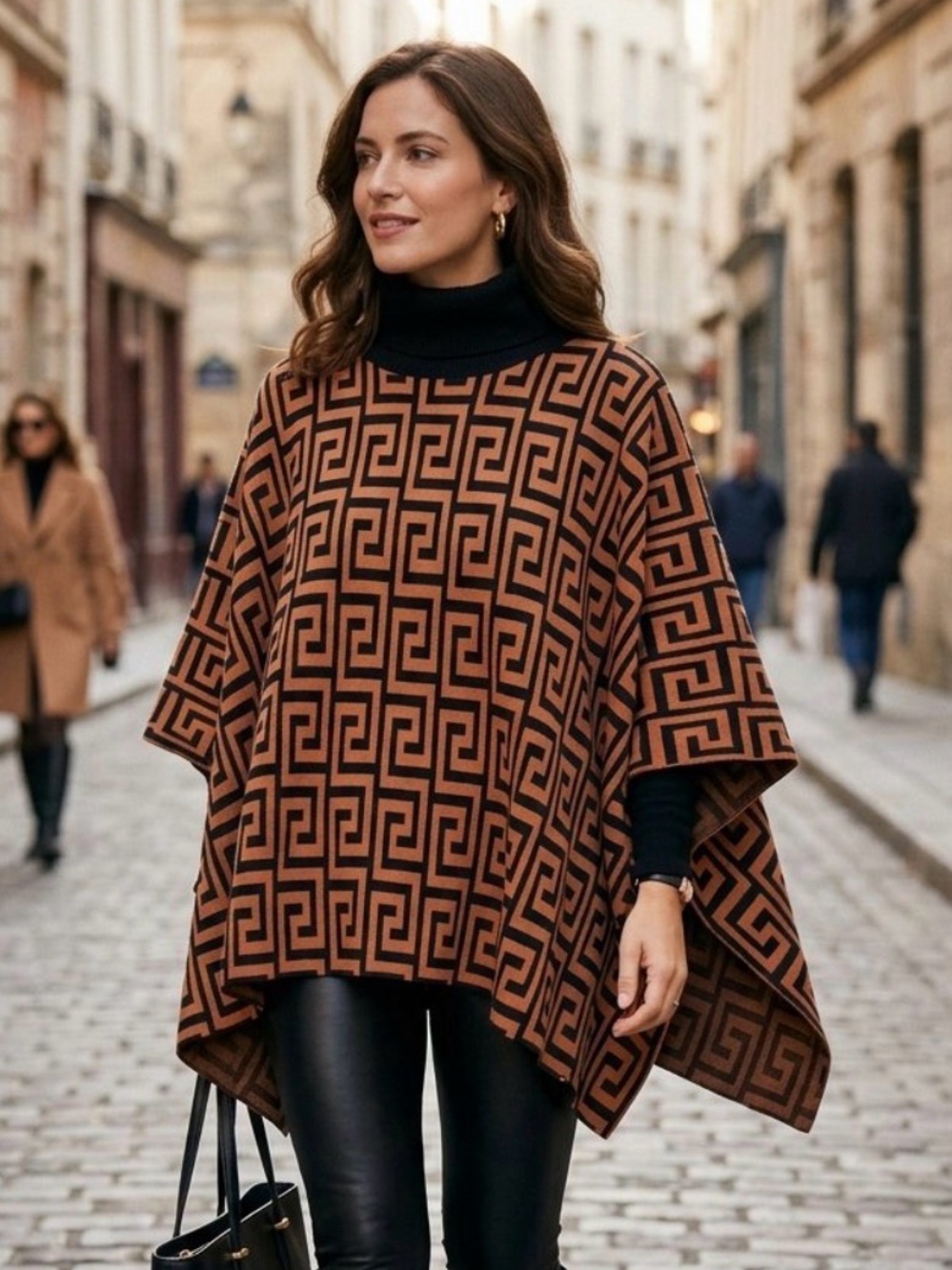 Boutique Original Geometric mockneck Poncho in Caramel & Black NWT